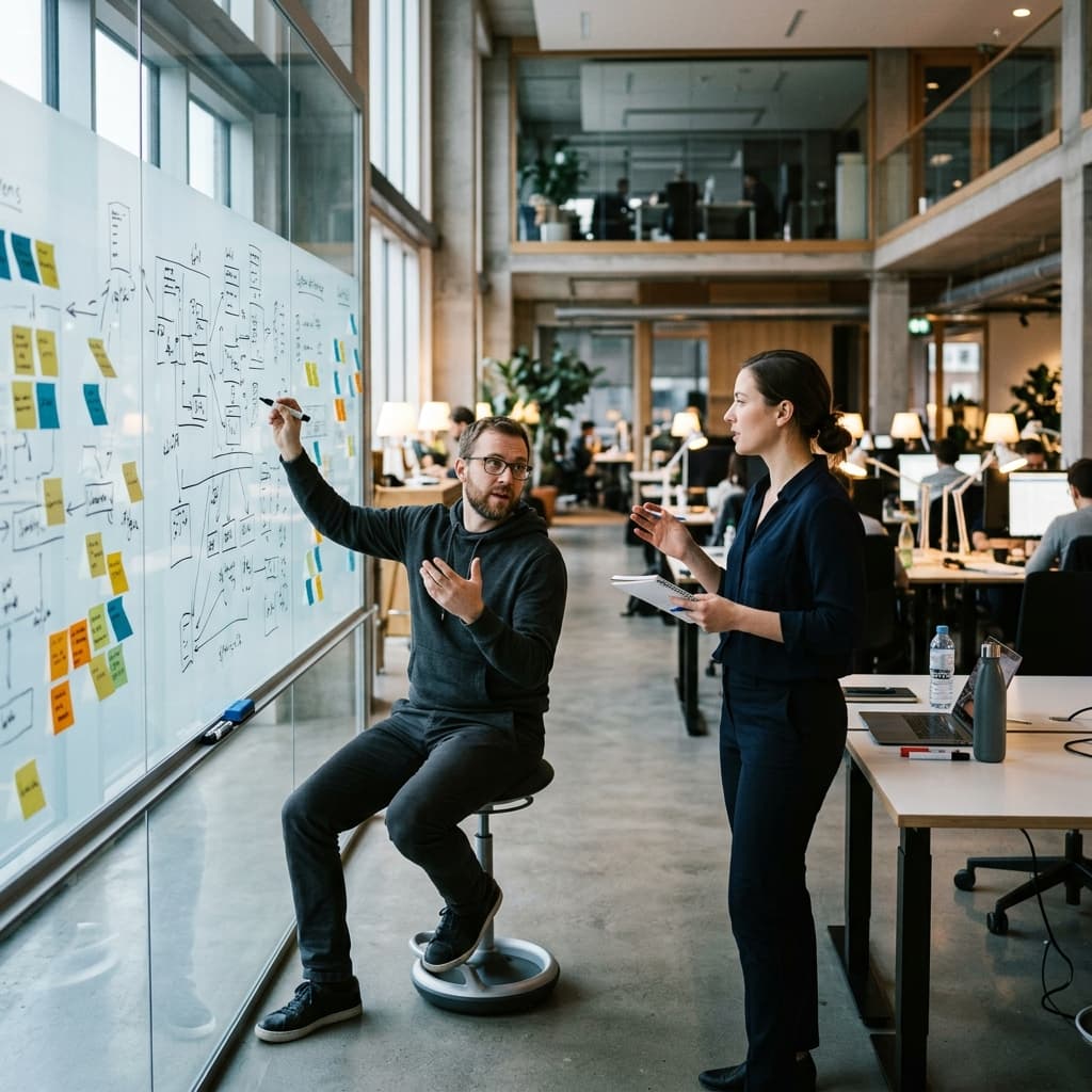 Engineers discussing architecture at a whiteboard