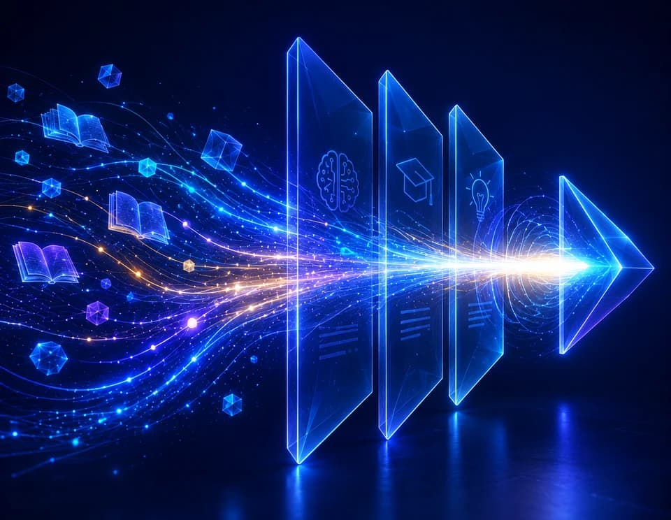 Digital illustration of glass panels with education icons (brain, graduation cap, lightbulb) converging into a beam of light, representing AI in education