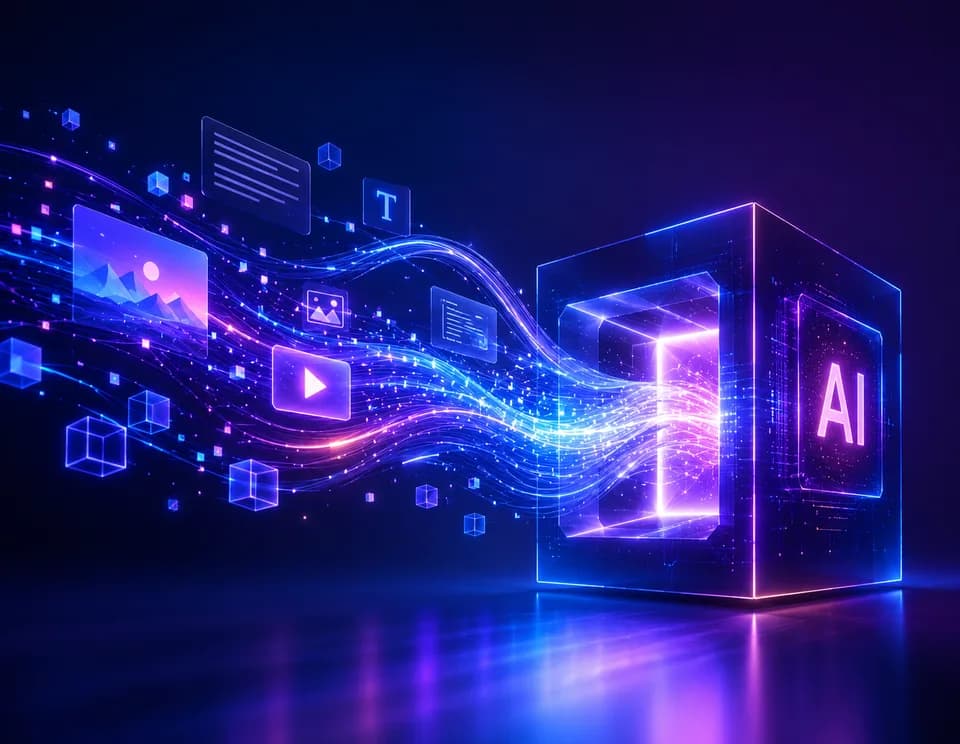 Digital illustration of an AI cube generating text, image, and video content from a stream of data